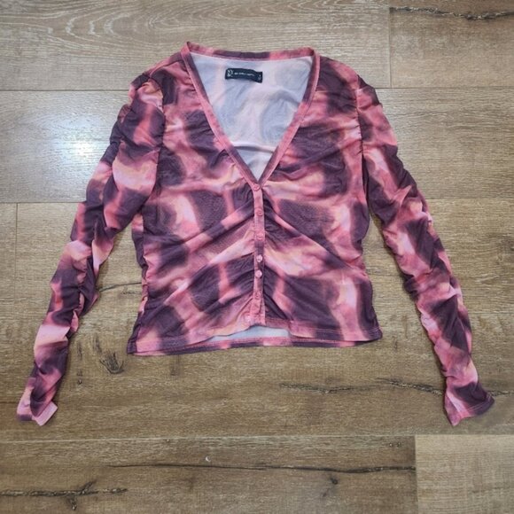 New York & Co Sheer Mesh Ruched Crop Button-up cardigan top Med Hipster Festival - Picture 9 of 9